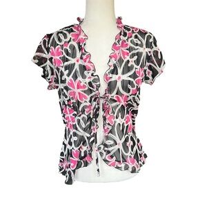Y2K Notations sheer chiffon floral ruffle short sleeve tie front kimono blouse